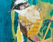 Paper collage art, Chinese Bulbal, 6x6” original collage by Wendy Boucher, songbird, ready to hang or sit on a shelf