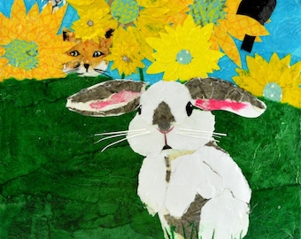 Collage Art Prints by Wendy Boucher, Brave Bunny, fine art print, 10x10" bunny, fox, owl