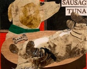 Paper collage art, I’ll Have What She’s Having, original collage by Wendy Boucher, dog, tabby cat, 10x10”, frame included