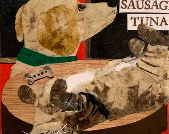 Paper collage art, I’ll Have What She’s Having, original collage by Wendy Boucher, dog, tabby cat, 10x10”, frame included