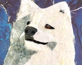 Paper collage art, S is for Samoyed, original collage by Wendy Boucher, 6x6” dog, ready to hang or sit on a shelf