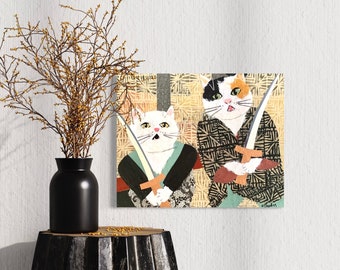 Handcrafted Samurai Cat Paper Collage Art: Dynamic Duo in Paper Art, Samurai Cats by Wendy Boucher, 16x20”, unframed