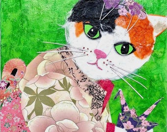 Framed original paper collage art, Origami Girl by Wendy Boucher, calico cat, paper crane, 10x10" plus frame, ready to hang
