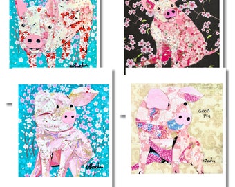 Set of 4 blank greeting cards, art by Wendy Boucher, pig themed