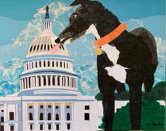 Paper collage art, Fixing Congress, original collage by Wendy Boucher, Congress, capitol, greyhound, 16x20", frameless