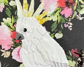 Paper collage art, White Cockatoo, 6x6”, by Wendy Boucher, ready to hang or sit on a shelf