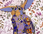 Paper collage art of a little rabbit, Purple Bun by Wendy Boucher, 6x6”, ready to hang or sit on a shelf