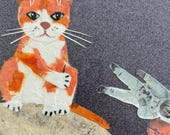 Paper collage art, First Contact (or What’s Awaiting Elon) by Wendy Boucher, 6x6”, ready to hang or sit on a shelf