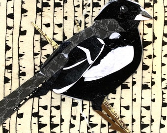 Paper collage art of Colorado’s Lark Bunting, by Wendy Boucher, 6x6”