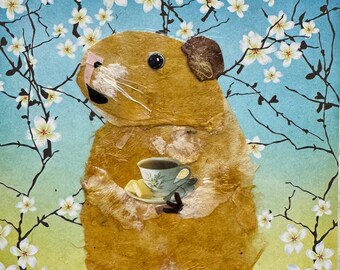 Paper collage art, Guinea Pig Tea by Wendy Boucher, 6x6", ready to hang or sit on a shelf