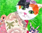 Paper collage art, Origami Girl, original collage by Wendy Boucher, calico cat, paper crane, 10x10" plus frame