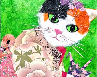 Paper collage art, Origami Girl, original collage by Wendy Boucher, calico cat, paper crane, 10x10" plus frame