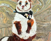 Paper collage art, Pudgy Ferret in a Horse Bandana by Wendy Boucher, 6x6”, ready to hang or sit on a shelf