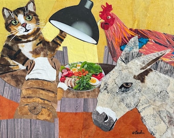 Collage original en papel enmarcado, Músicos de la ciudad de Bremen, de Wendy Boucher, 16x20 pulgadas, con marco incluido, listo para colgar.