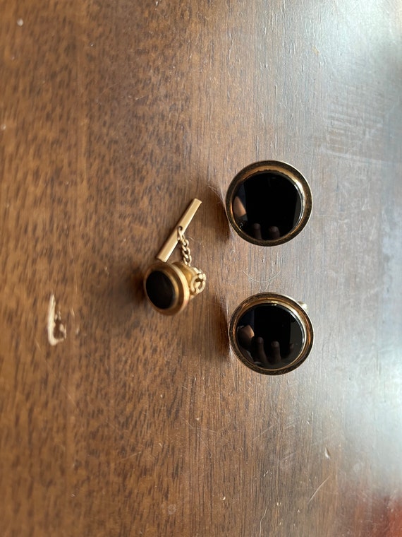 Vintage gold and black Cufflinks and Tie Pin