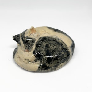 Black and White Cat Sculpture – Curled Up Ceramic Cat Figurine – Cozy Relaxed Pose – Handmade Pottery Art