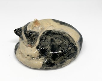 Black and White Cat Sculpture – Curled Up Ceramic Cat Figurine – Cozy Relaxed Pose – Handmade Pottery Art