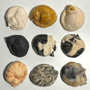 Pode incluir: Nove estatuetas de cerâmica de gatos em várias posições para dormir. Os gatos são pintados de preto, branco, marrom e bege.