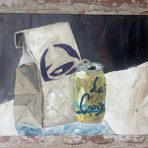 May include: A painting depicting a brown paper bag with a purple logo and a can of La Croix sparkling water. The can is yellow with blue and white lettering.