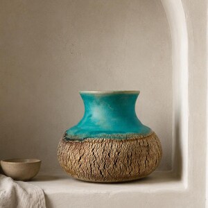 Op de afbeelding: Een keramische vaas met een brede, ronde basis met een textuurrijke, gebarsten beige afwerking en een gladde, fel turquoise geglazuurde hals. De vaas heeft een korte, uitlopende rand en staat naast een kleine, effen beige kom op een vlak oppervlak.