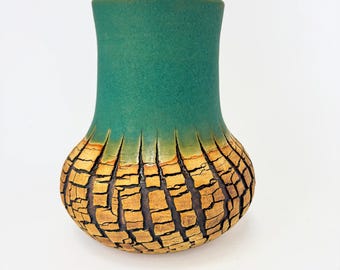 Turquoise Textured Ceramic Vase, Sculptural Stoneware Vessel, Organic Modern Pottery, Faultline II