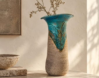 Sculptural Stoneware Vase: Turquoise Glaze Ceramic Art