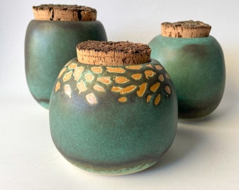 Unique Ceramic Jar with a Cork Lid | Kitchen Canister with Spotted Design | Unique Ceramic Gifts