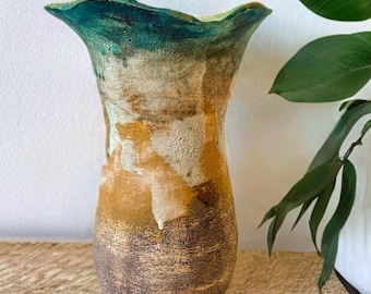Sculptural Stoneware Vase: Turquoise Glaze, Mediterranean Texture