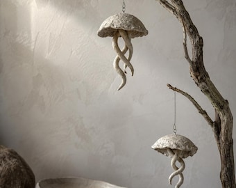 Ceramic Jellyfish Ornament, Handmade Speckled Stoneware Hanging Sculpture, Wabi Sabi Coastal Christmas & Garden Decor