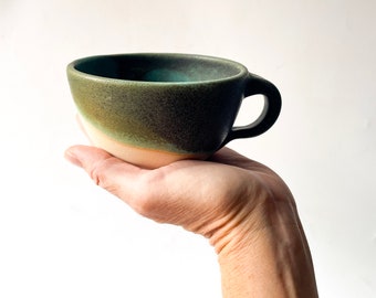 Handmade Ceramic Latte Mug | Rustic Stoneware, Dark Green Turquoise Glaze