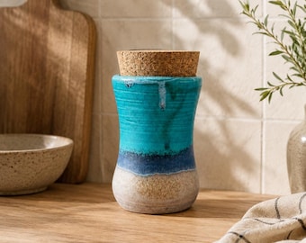 Speckled Stoneware Canister with Cork Lid | Turquoise Glaze Wabi Sabi Storage Jar