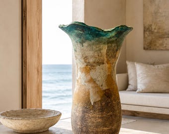 Large Sculptural Stoneware Vase: Turquoise Glaze, Mediterranean Texture
