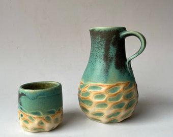 Ceramic Water Pitcher | Unique Ceramic Carafe and Cup Set | Drinkware for Workspace or Therapy Room