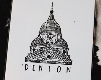 Denton Print, Linocut Print, Handmade Print, Hand-Lettered Print, 8x10 Print