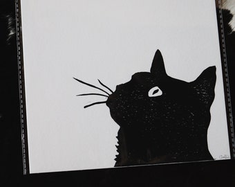 Cat Print, Linocut Print, Handmade Print, 8x10 Print