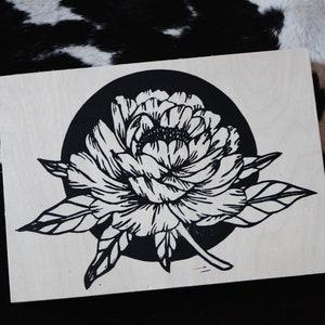 Peony Wood Panel Print, Linocut Print, Handmade Print, 5x7 Print
