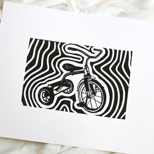 Tricycle Print, Linocut Print, Handmade Print, Art Print, 8x10 Print