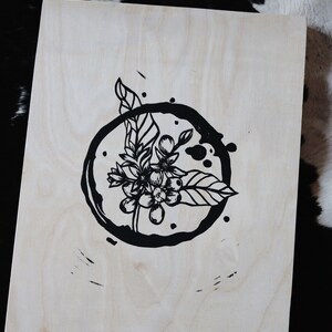 Coffee Bean Wood Panel Print, Linocut Print, Handmade Print, 8x10 Print