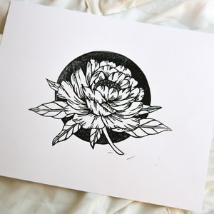 Peony Print, Floral Print, Linocut Print, Handmade Print, 8x10 Print