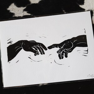 Creation of Adam Linocut Print, Handmade 5x7