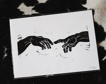 Creation of Adam Linocut Print, Handmade 5x7