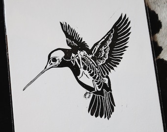 Hummingbird Linocut Print, Handmade 8x10 Art