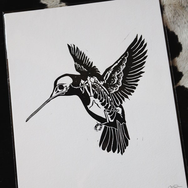 Hummingbird Print, Linocut Print, Handmade Print, 8x10 Print