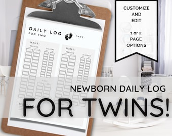 Twin Newborn Daily Log - Newborn Daily Log Twins - Twin Newborn Schedule - Twin Baby Schedule - Clean and Simple