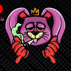 May include: A cartoon illustration of a purple rabbit with a gold crown, red gloves, and a lit cigarette. The rabbit has a relaxed expression and is exhaling green smoke. The background is black with a repeating pattern.