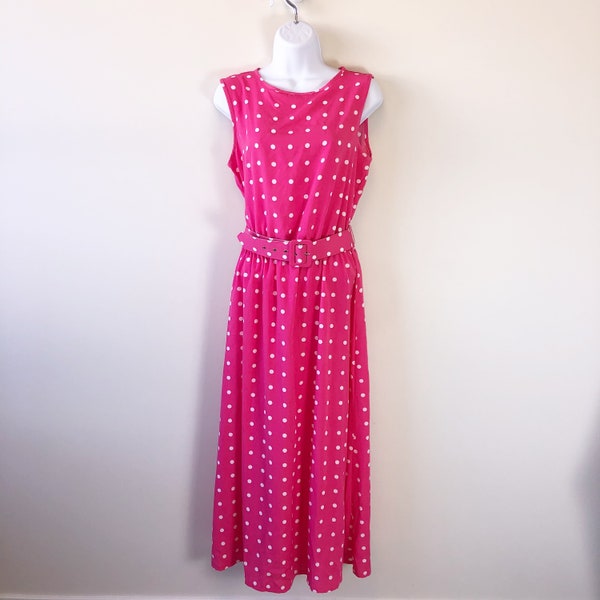 Vintage Blair Maxi Dress Sleeveless Hot Pink White Polka Dot Long Belted Small