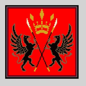 May include: A red square with a black frame, featuring two black griffins facing each other. The griffins are holding gold spears that cross in the middle. A gold crown sits above the spears.