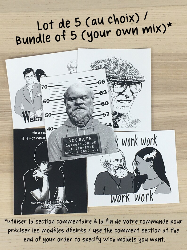 Puede incluir: Un conjunto de cinco ilustraciones en blanco y negro con varios retratos. Las ilustraciones est&aacute;n impresas en cartulina blanca e incluyen un retrato de un hombre con barba, un hombre con gafas, una mujer con una diadema y dos personas con una cita que dice "work work".