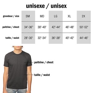May include: Size chart for unisex clothing with measurements in inches. The chart shows sizes from small to 2X, with corresponding chest and waist measurements.