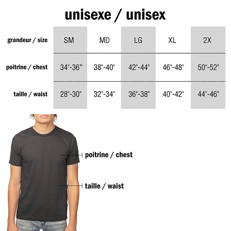 May include: Size chart for unisex clothing with measurements in inches. The chart shows sizes from small to 2X, with corresponding chest and waist measurements.